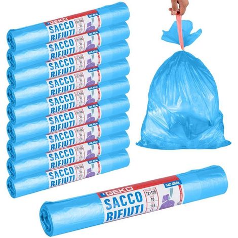 TrAdE Shop Traesio - Rotoli Sacchetti Buste Per Spazzatura 115lt 72x105cm Chiusura Con Laccetto Blu - (1/4)