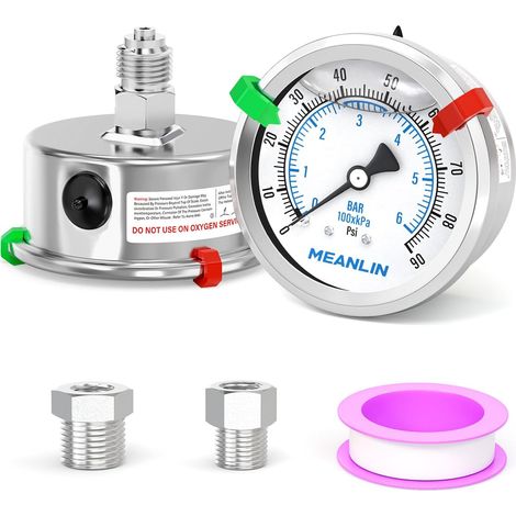 06BAR/090PSI Manomètre en acier inoxydable à liquide 2.5"FACE DIAL 1/4"BSP, Montage arrière avec 3/8" et 1/2" BSP douille hexagonale en acier inoxydable et boutons-pression (1/5)
