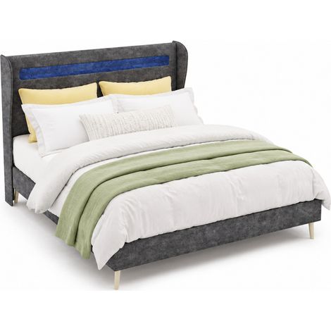 Lit 140x200 avec LED réglable, lit double en tissu gris, dossier ajustable, structure métal stable, design moderne pour chambre adulte cosy  CHICFURN (1/5)