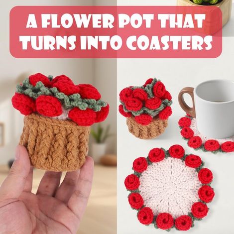 Juego de 3 posavasos de ganchillo hechos a mano con mini cesta, bodas, inauguraciones de casas, cumpleaños, diseño de rosa vintage (rojo) (1/5)