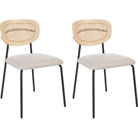 Conjunto de 2 sillas de comedor modernas trenza vienesa respaldo de ratán asiento de poliéster patas negras sin reposabrazos beige claro Mayetta