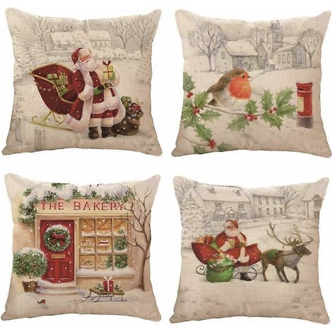 Ensemble de 4 housses de coussin décoratives de Noël 45x45cm en coton et lin pour canapé, lit, fauteuil, décoration intérieure (1/5)