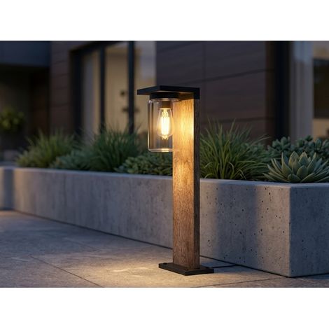 Wegeleuchte ARDILA aus Aluminium Holzoptik mit E27 Glasschirm, Höhe 65cm (1/5)