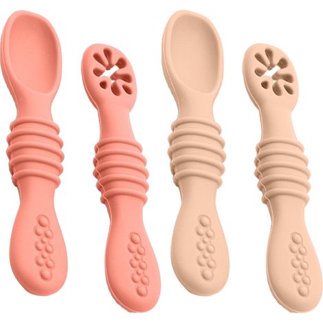 Lot de 2 cuillères d'apprentissage adhésives en silicone pour enfants - Rose + Couleur chair