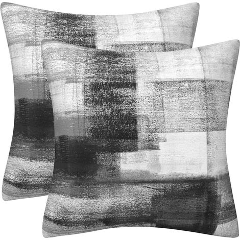 Lot de 2 taies d'oreiller 45x45 cm noir gris blanc pour canapé salon coussin décoratif abstrait (1/5)
