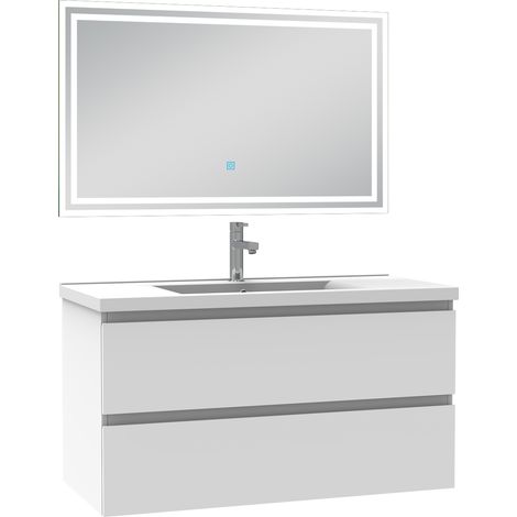 Ensemble meuble de salle de bain 100cm, vasque céramique et LED miroir mural, blanc (1/5)