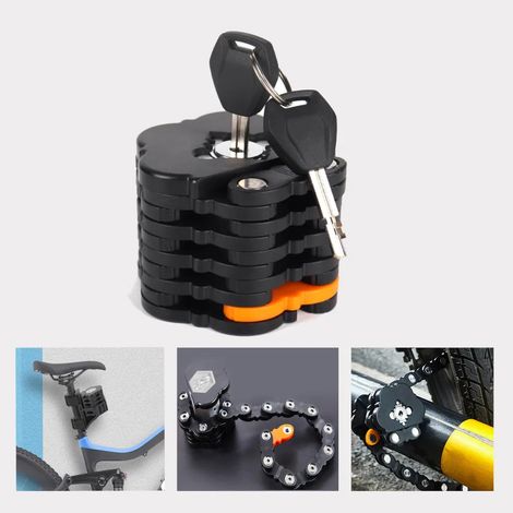Candado para bicicleta, candado plegable, candado de cadena, 3 llaves, candado para cuadro, 78 cm de largo, candado antirrobo para bicicleta, con soporte, negro. (1/5)
