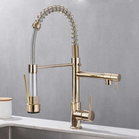 Küchenspülenarmaturen aus Kupfer, Doppelauslass für Kalt- und Warmwasser, an der Deckmontage montierte Federmischbatterien, Gold