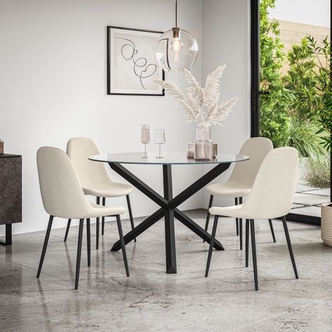 Malvern Round Dining Table And Chairs -  Clear Glass Table Top w Solid Oak Black Legs + Maya Boucle Dining Chair Set Of 4 (Ivory White) (1/5)