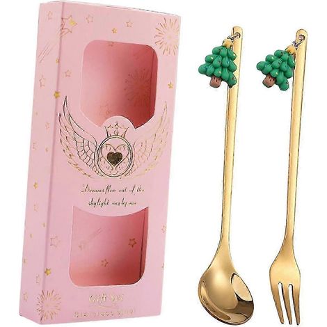 Cuillère et fourchette à dessert de Noël en acier inoxydable, idéales pour un goûter, un restaurant ou une glace.-Christmas Tree (1/5)