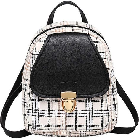 Schwarzer, kleiner 19-Zoll-Damenrucksack mit niedlichem Karomuster und Metallschnalle – Mini-Reiserucksack für Mädchen