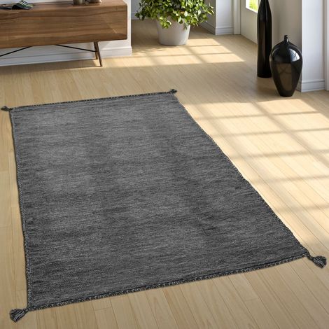 Paco Home Wohnzimmer Natur Teppich m. Fransen, Moderner Handgewebter Kelim, 100% Baumwolle 120x170 cm, Grau