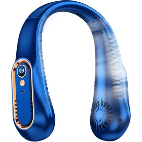 Ventilateur de cou portable sans pales 5 vitesses 360° LED affichage USB rechargeable mains libres sport extérieur intérieur bureau été ergonomique bleu (1/5)
