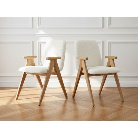 BOBOCHIC - Lot de 2 chaises de table PAGNOL placage chêne massif et tissu bouclette Marron clair (1/5)