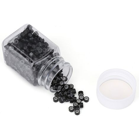 Tubes à mèches en aluminium silicone pour extensions de cheveux, micro-anneaux de tressage, décorations noires, lot de cheveux (1/5)