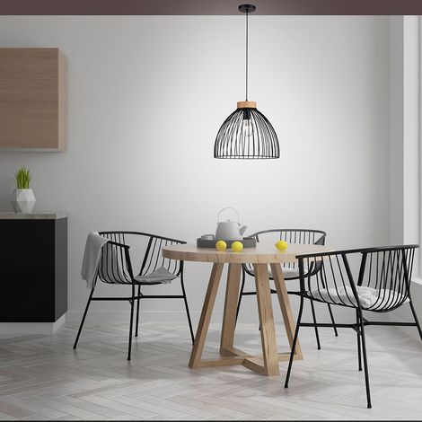 Lampe à suspendre Lampe à suspendre noire Salon Lampe en bois Grille ronde Salle à manger, métal, 1x douille E27, DxH 40x120 cm (1/5)