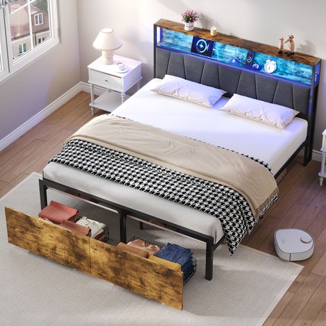 4ft6 Double Bed Frame with RGB LED Headboard,2 Storage Drawers,Metal Platform,Easy Assembly,Black+Walnut