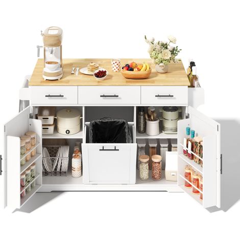 Desserte de Cuisine avec 3 Tiroirs, Bac à Déchets, Prises et USB, sur Roulettes, en MDF Blanc Naturel, 136x75x92 cm (1/5)