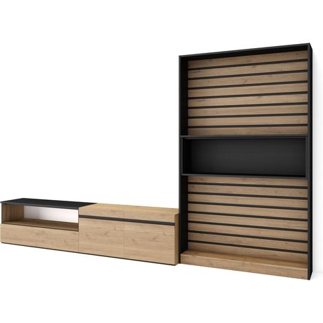 Skraut Home - Mobile Soggiorno TV, Parete Attrezzata Soggiorno, 310x186x35cm, Per TV fino a 80", Set di mobili, Stile moderno, Rovere e nero (1/5)