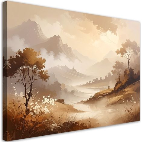 Impresión de Imagen, Paisaje en tonos pastel de montañas y árboles Paisaje natural en tonos marrones, 30x20 (1/5)