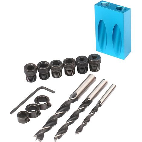 14-teiliges Taschenlochbohrlehren-Set (8 mm, 10 mm, 15°-Winkel) – Holzbearbeitungswerkzeug – Schräglochbohrlehre – 14-teiliges Set – Blau (1/5)