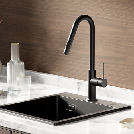 CECIPA MAX Robinet de cuisine à deux jets, mitigeur extractible, robinet pivotant à 360° pour évier de cuisine, noir Mitigeur de cuisine (1/5)
