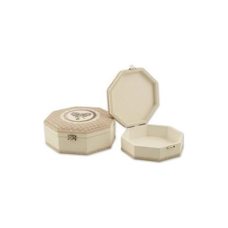 Scatola ottagonale bianco tessuto beige, Ø19x8 cm