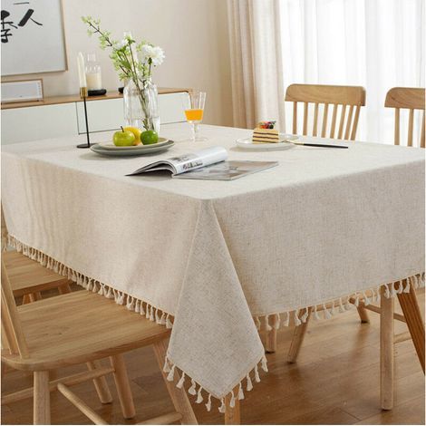 Schlichte, rechteckige Tischdecke mit Quasten, fleckenabweisend und waschbar, aus Baumwolle und Leinen, für Küche, Esszimmer oder Buffet (beige, 140 x 180 cm), Sonnenblumenmuster (1/5)