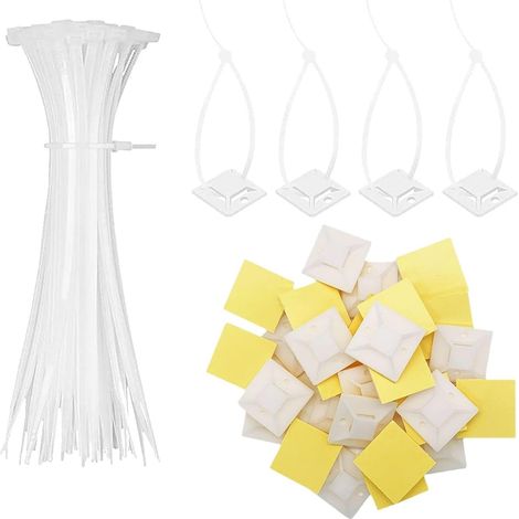 100 x Self Adhesive Cable Ties + 100 Pieces Nylon Zip Tie Self-Locking Cable Ties Cable Ties Self-Adhesive Base Nylon Plastic Cable Ties (1/5)