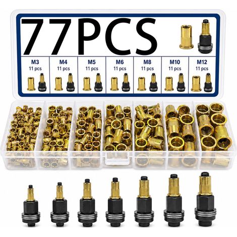Coffret de 77 écrous à sertir / inserts filetés en acier au carbone, assortiment M3 M4 M5 M6 M8 M10 M12, kit rivnut pour réparation automobile, moto et bricolage
