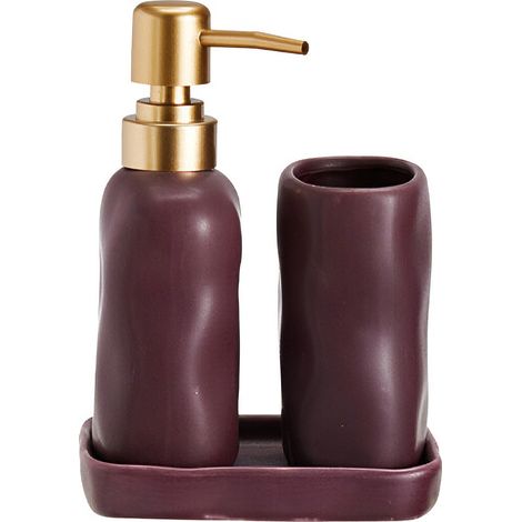 Ensemble de salle de bain EON, distributeur en céramique avec pompe dorée, tasse et plateau.