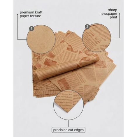 Papier Sulfurisé - Kraft Imprimé Journal - 15 x 15 cm - Résistant À La Graisse Et À L'Eau - Pour Emballage Alimentaire - 50 Feuilles (1/5)