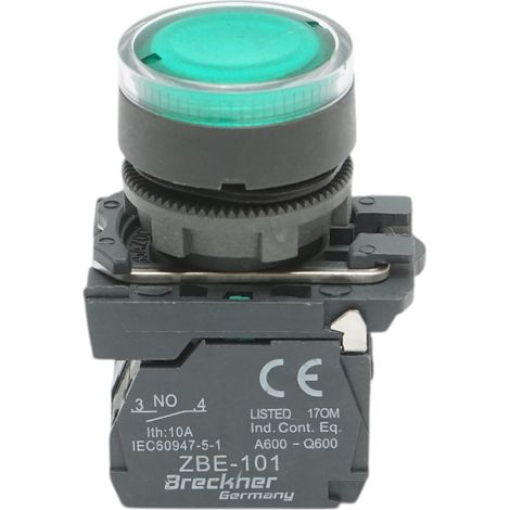 Pulsante con ritorno e segnalazione LED verde 1NO+1NC, 24V/10A, TB5 Breckner Germany (1/5)