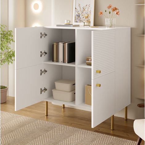 Credenza in MDF bianco 80x36x90 cm con ante a righe verticali, maniglie in lega di zinco e gambe in acciaio (1/5)
