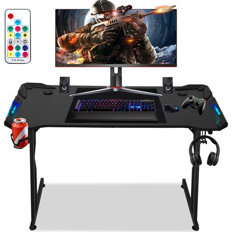 Wolketon Gaming Tisch mit Mauspad, Getränkehalter und Kopfhörerhaken, Z-förmige Tischbeine Gaming Schreibtisch - 120x60cm, met LED+Fernbedienung