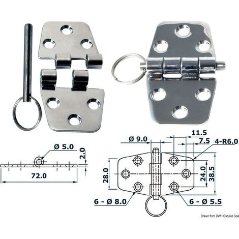 Charnière inox épaisseur 2 mm - démontable - 72 x 38.5 mm