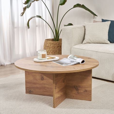 Couchtisch Simbario, Rund, Platte aus veredeltem Holz, Braun, 90x90x40h cm, Eiche Knoten Braun (1/5)