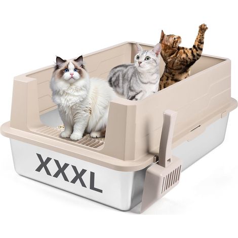 1 Bac à litière, Acier inoxydable, 70x50x30 cm, Bord haut, Anti-fuite, Pelle incluse, Pour grands chats