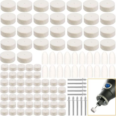 110 tampons de polissage en feutre de laine avec tiges de 1/8 de pouce, adaptés au perçage des plastiques, du verre, des métaux et des bijoux.