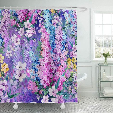 Un rideau de douche violet onirique orné de fleurs colorées, aux teintes douces, en polyester imperméable et doté de 12 crochets idéal pour la salle de bain - 150 x 180 cm