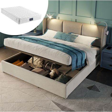 Lit double 160x200 cm beige en lin avec sommier à lattes, tête de lit avec liseuse et USB, coffre de rangement (1/5)