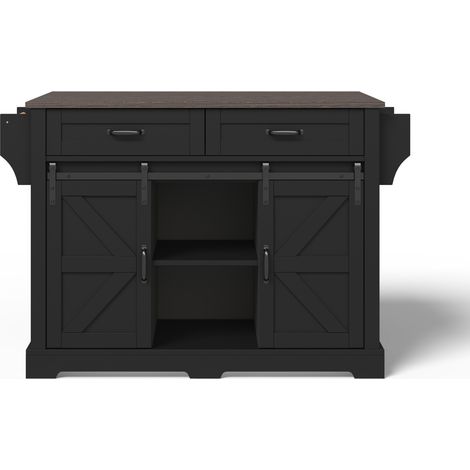 Îlot de cuisine noir en MDF avec plan de travail rabattable, 2 portes coulissantes et 2 tiroirs (1/5)