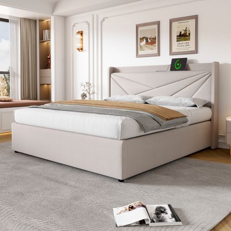 Cama doble con almacenamiento y USB beige OKMYHOME (1/5)