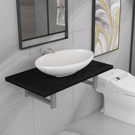 Ensemble meuble salle de bain mural, lavabo ovale en céramique, noir et blanc, 1 étagère + 1 lavabo - PANGIVO (1/5)