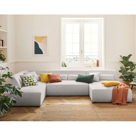 Lisa Design – Canapé panoramique d'angle gauche 7 places – Velours côtelé gris clair – Dimensions 334x198cm – Charge max 600kg – Coussins décoratifs inclus