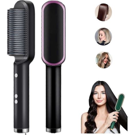 2-in-1 Hair Straightener Brush & Curler – Negative Ion Styling Comb (Black) (1/4)