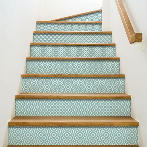 Lot de 3 Contremarches adhésives autocollantes Aqua Fastello, 19,5 x 100 cm, motif losange blanc sur fond vert eau. (1/2)