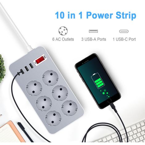 6-Outlet Power Strip with 4 USB Ports, 1.2m Cable, Lightning and Overload Protection, Home Office Charging Station (1/4)