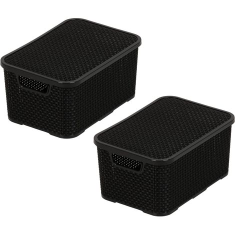 Lot de 2 corbeilles Home essential avec couvercle design rotin - Taille S 7 l - Plastique PP sans BPA - Noir - 28,5 x 19,5 x 12,9 cm - 2 pièces. (1/4)