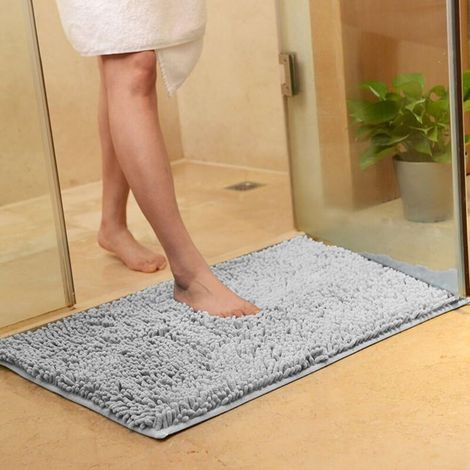 Soft Shag Tapis de Bain Tapis Cuisine Porte Pieds de Porte Tapis Bande Antidérapante Paillasson Absorbant Tapis De Bain Douche Shaggy Tapis - 60 x 90 cm, Gris (1/4)